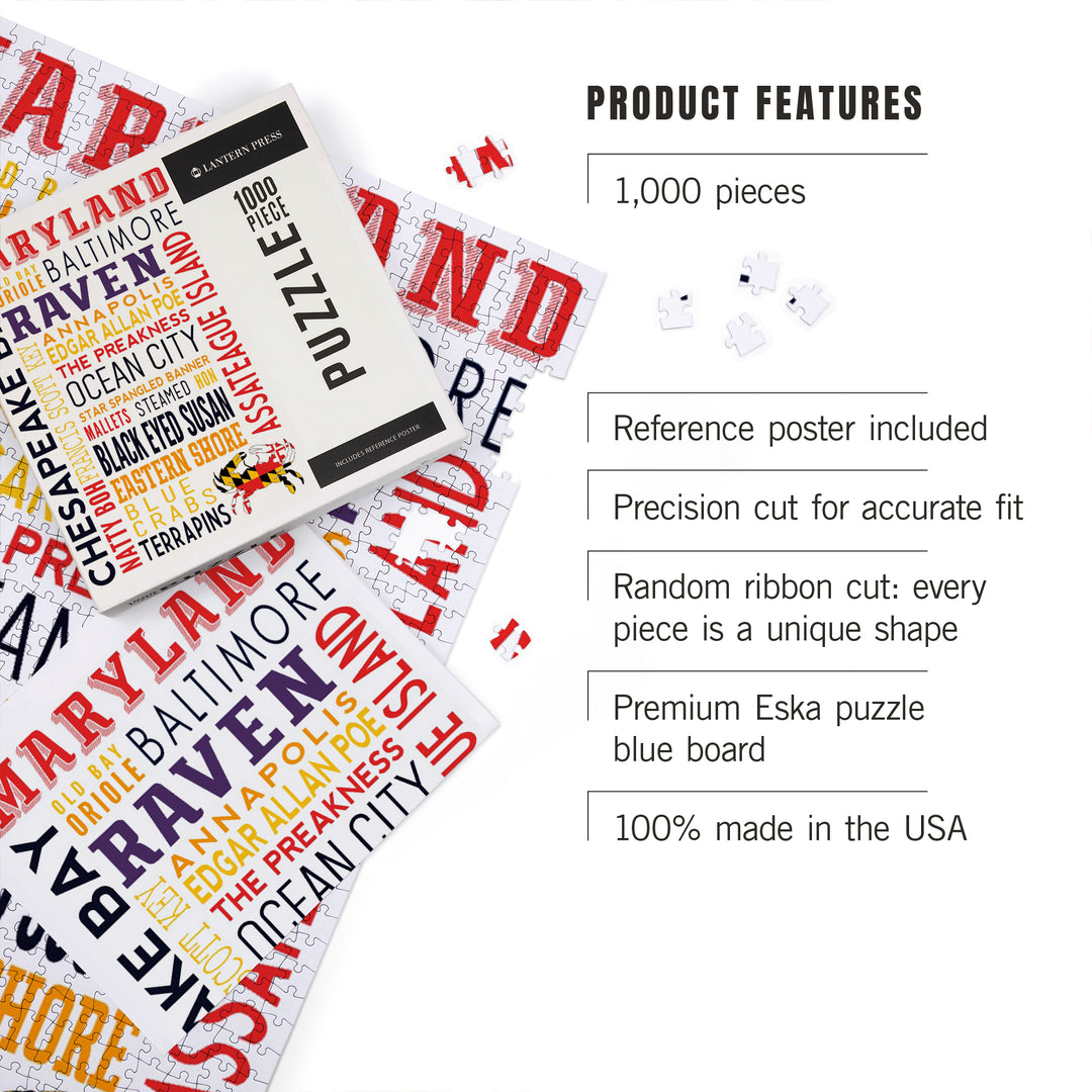 Maryland, Typography, Jigsaw Puzzle Puzzle Lantern Press 