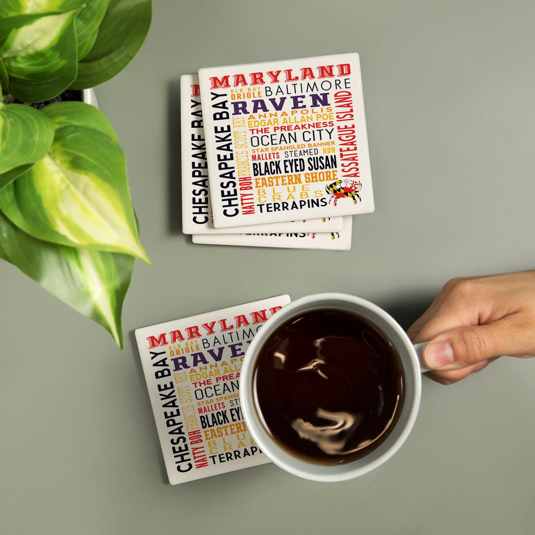 Maryland, Typography, Lantern Press Artwork, Coaster Set - Lantern Press