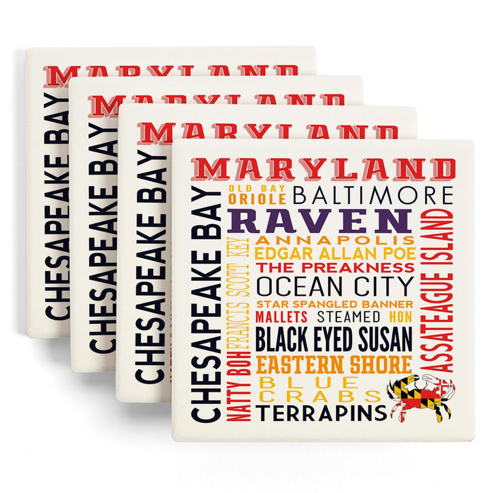 Maryland, Typography, Lantern Press Artwork, Coaster Set - Lantern Press