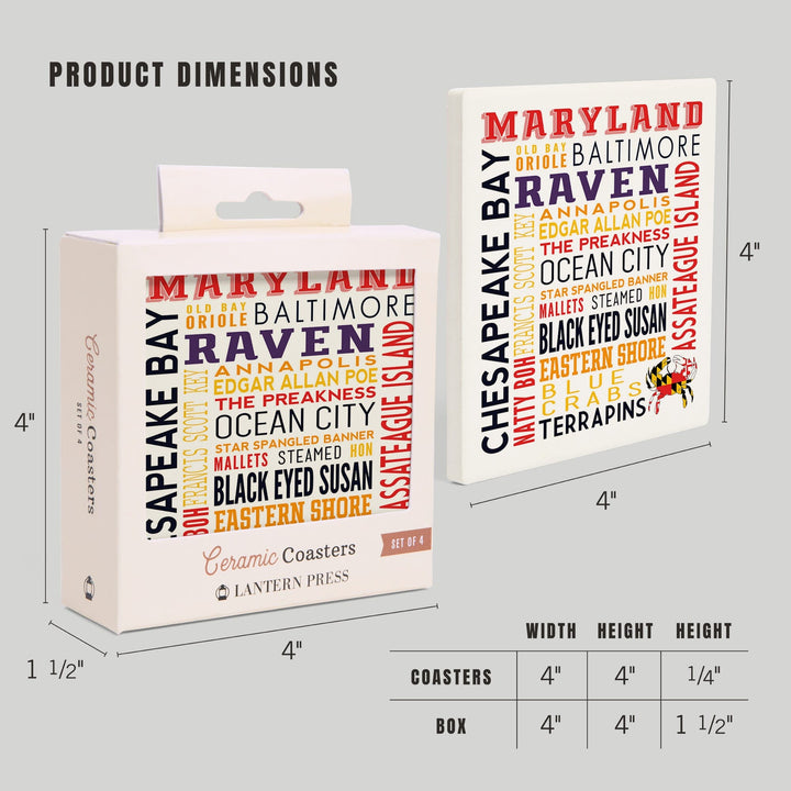 Maryland, Typography, Lantern Press Artwork, Coaster Set - Lantern Press