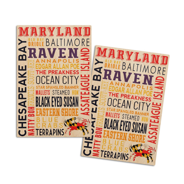 Maryland, Typography, Lantern Press Artwork, Wood Signs and Postcards Wood Lantern Press 4x6 Wood Postcard Set 