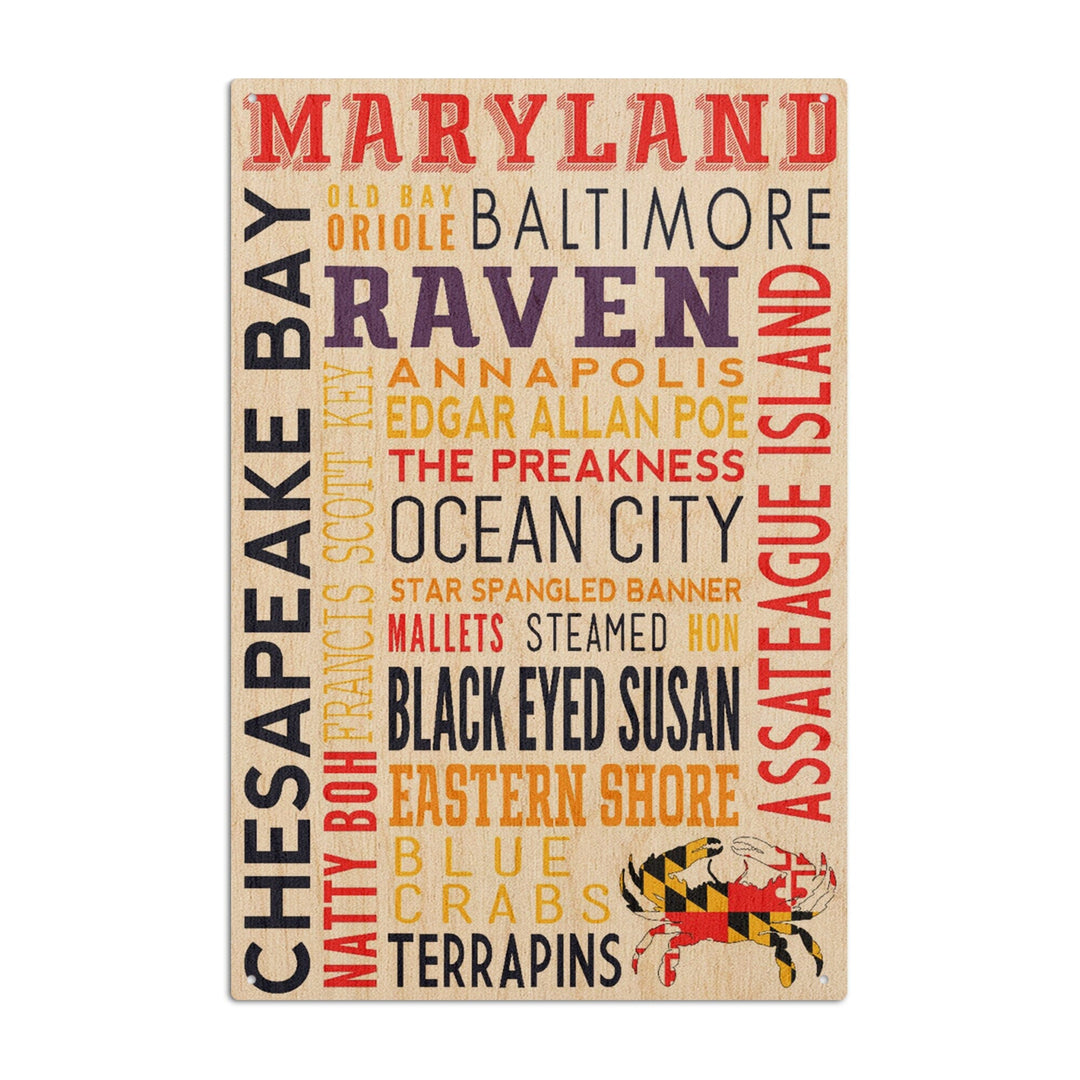Maryland, Typography, Lantern Press Artwork, Wood Signs and Postcards Wood Lantern Press 6x9 Wood Sign 