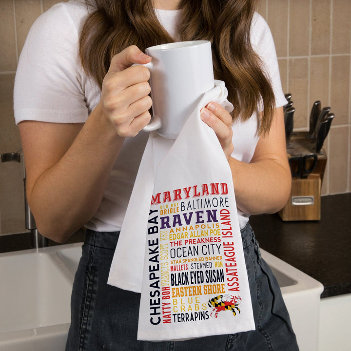 Maryland, Typography, Organic Cotton Kitchen Tea Towels Kitchen Lantern Press 
