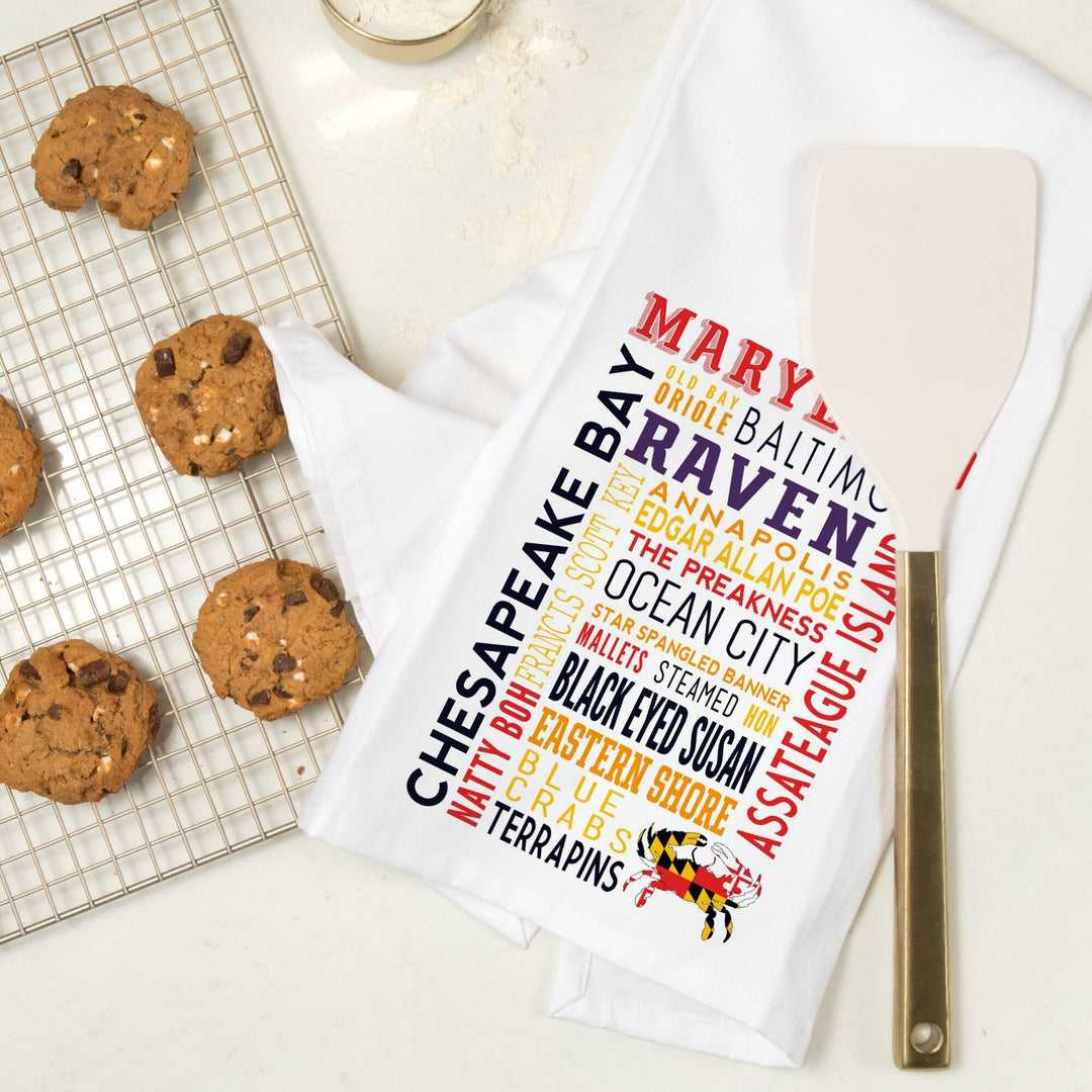 Maryland, Typography, Organic Cotton Kitchen Tea Towels Kitchen Lantern Press 