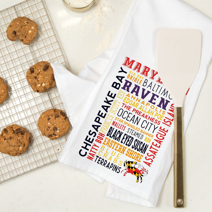 Maryland, Typography, Organic Cotton Kitchen Tea Towels Kitchen Lantern Press 