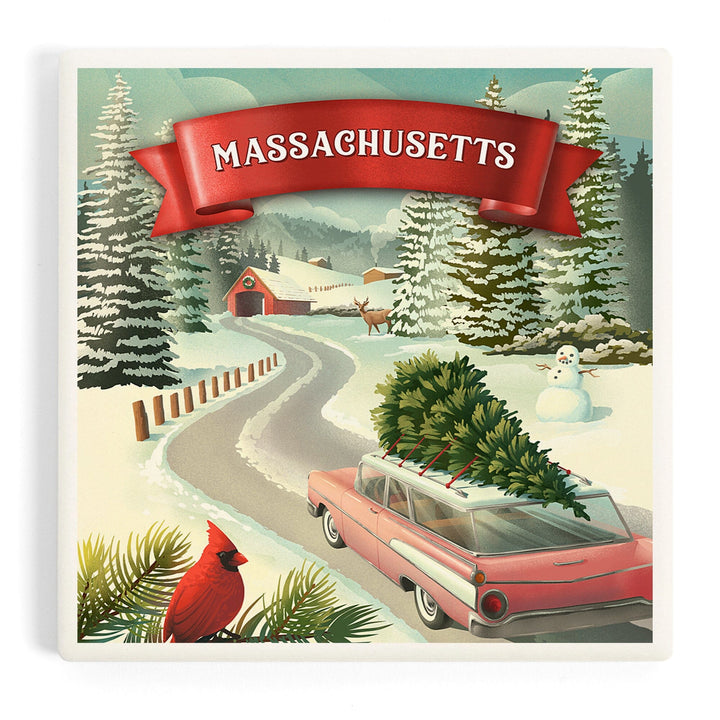 Massachusetts, Christmas Holiday Tradition, Coasters Coasters Lantern Press 