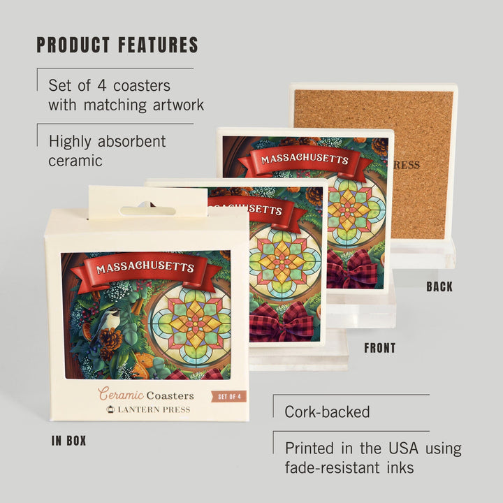 Massachusetts, Front Door with Christmas Wreath, Coasters Coasters Lantern Press 