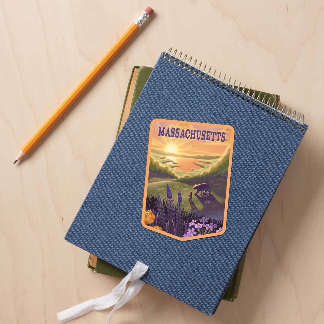 Massachusetts, Lithograph, Bear and Spring Flowers, Lake, Contour, Vinyl Sticker Sticker Lantern Press 