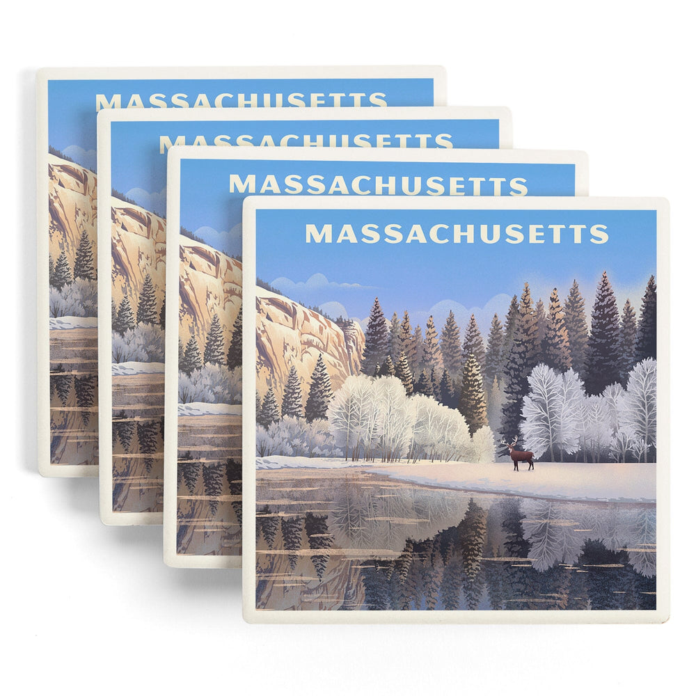 Massachusetts, Lithograph, Lone Deer By Snowy Lake, Coasters Coasters Lantern Press 