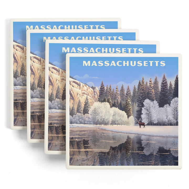 Massachusetts, Lithograph, Lone Deer By Snowy Lake, Coasters Coasters Lantern Press 