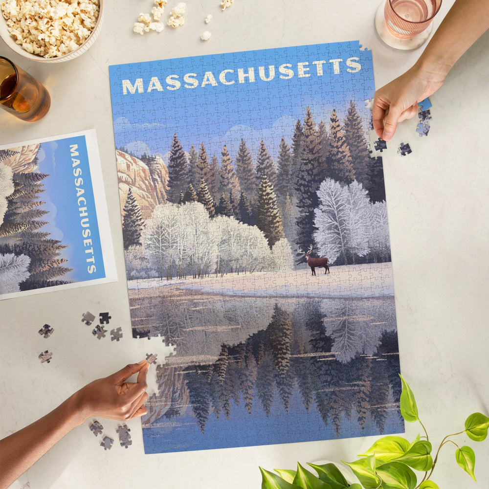 Massachusetts, Lithograph, Lone Deer By Snowy Lake, Jigsaw Puzzle Puzzle Lantern Press 