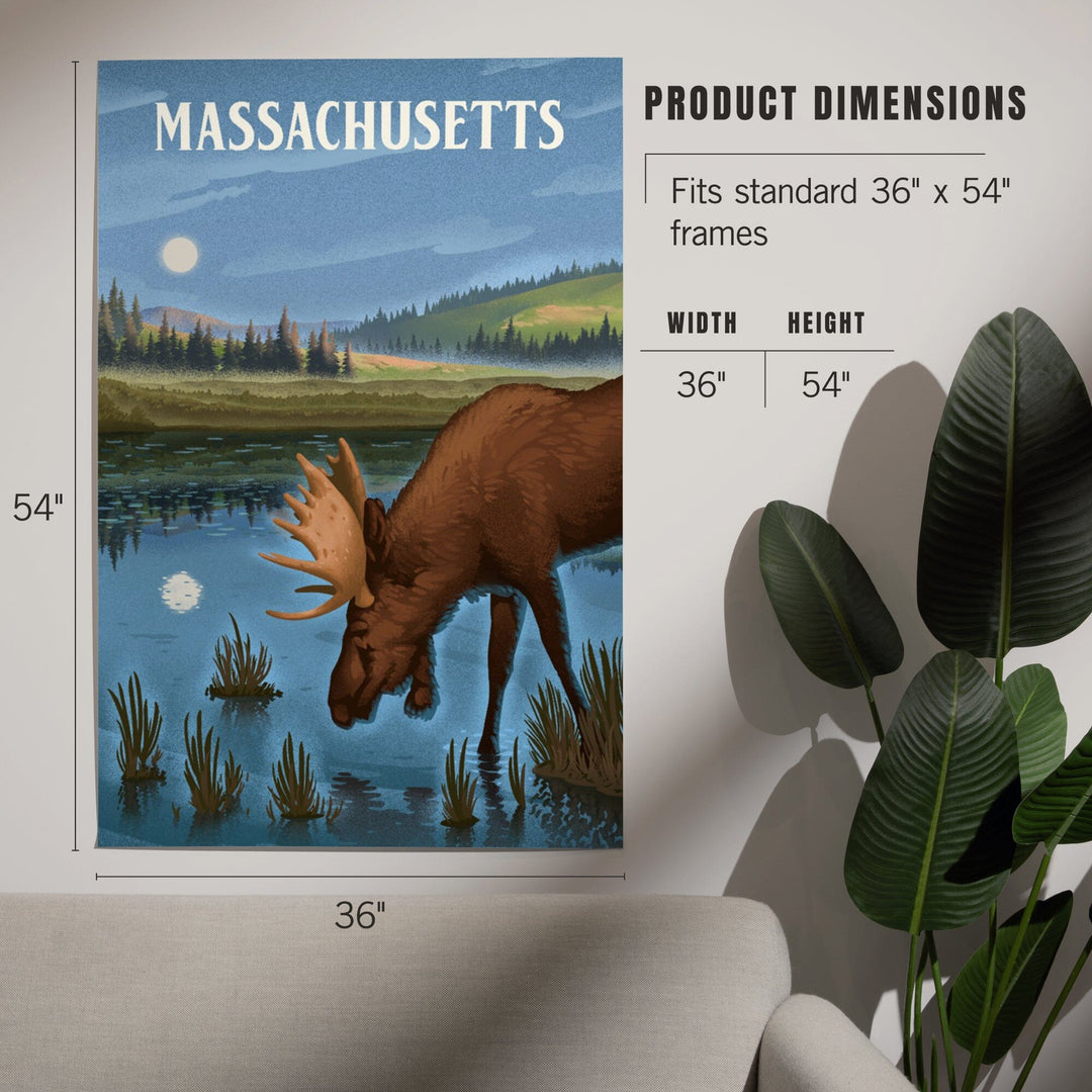 Massachusetts, Lithograph, Reflection Pond and Bull Moose, Art & Giclee Prints Art Lantern Press 