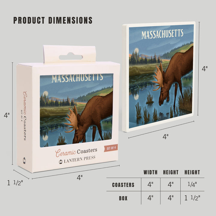 Massachusetts, Lithograph, Reflection Pond and Bull Moose, Coasters Coasters Lantern Press 