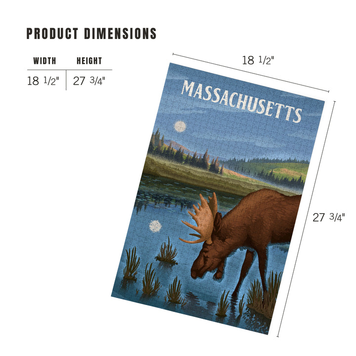 Massachusetts, Lithograph, Reflection Pond and Bull Moose, Jigsaw Puzzle Puzzle Lantern Press 