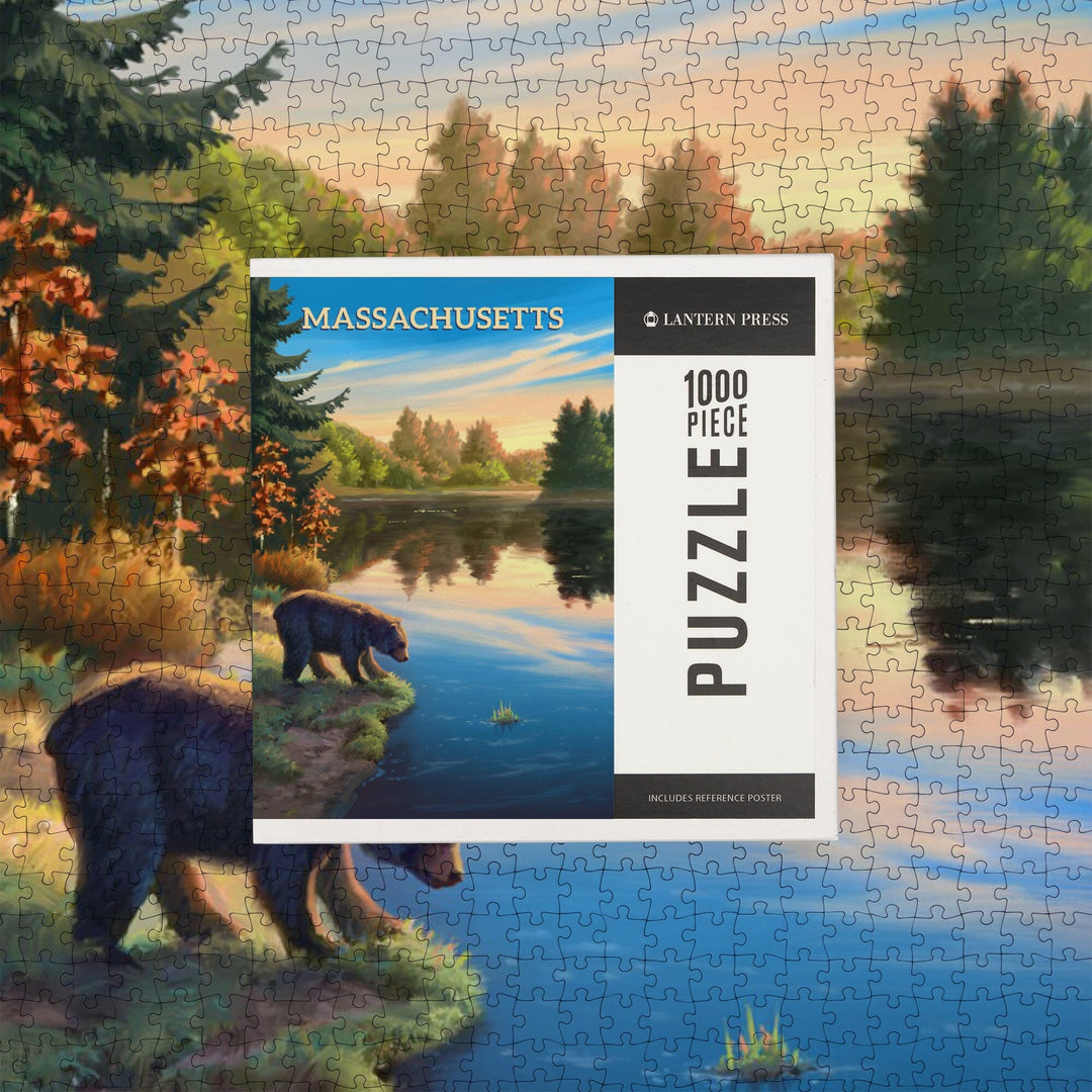 Massachusetts, Oil Painting, Bear By Lake At Sunrise, Jigsaw Puzzle Puzzle Lantern Press 