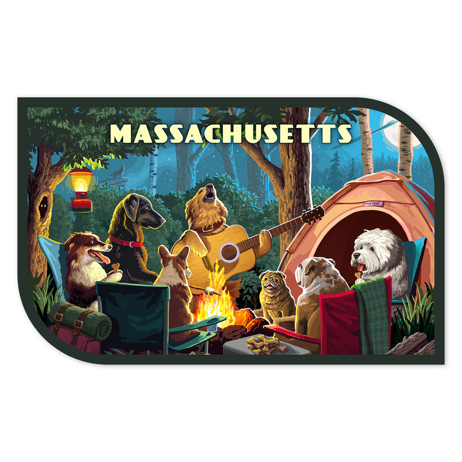 Massachusetts, Painterly, Pack Life, Dogs Around Campfire, Vinyl Sticker Sticker Lantern Press 