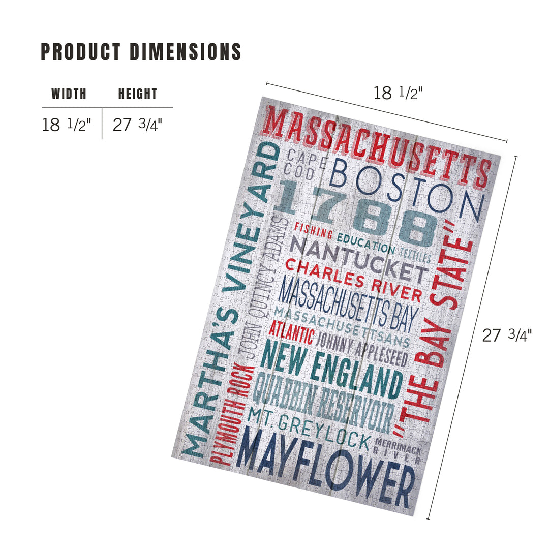 Massachusetts, Rustic Typography, Jigsaw Puzzle Puzzle Lantern Press 