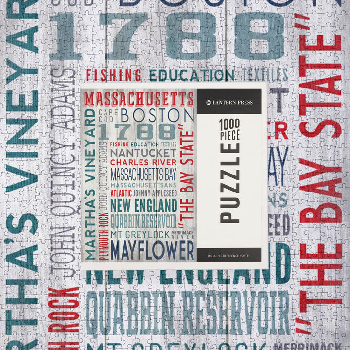Massachusetts, Rustic Typography, Jigsaw Puzzle Puzzle Lantern Press 