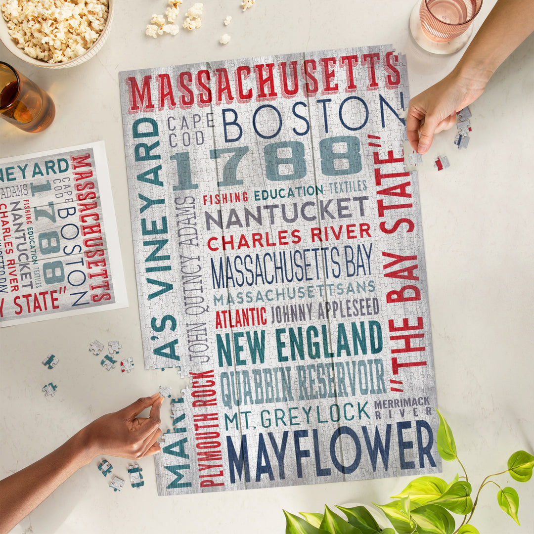Massachusetts, Rustic Typography, Jigsaw Puzzle Puzzle Lantern Press 