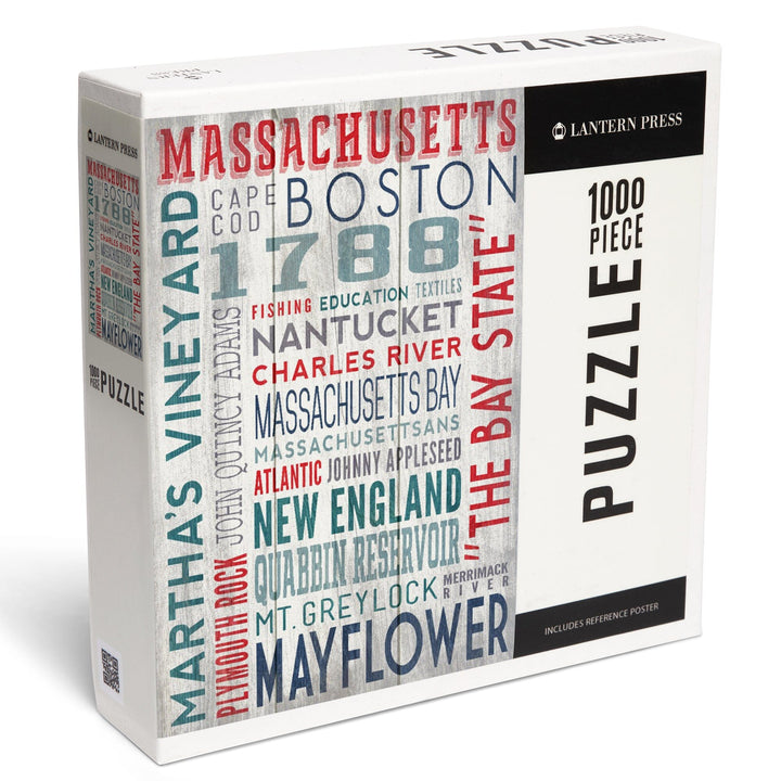 Massachusetts, Rustic Typography, Jigsaw Puzzle Puzzle Lantern Press 