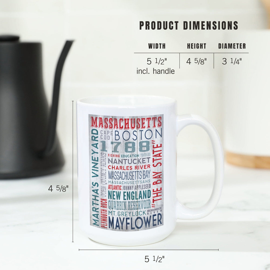 Massachusetts, Rustic Typography, Lantern Press Artwork, Ceramic Mug - Lantern Press