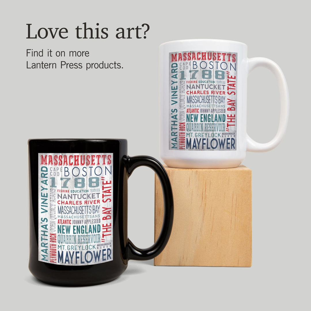 Massachusetts, Rustic Typography, Lantern Press Artwork, Ceramic Mug - Lantern Press