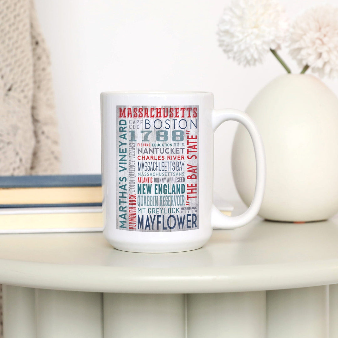 Massachusetts, Rustic Typography, Lantern Press Artwork, Ceramic Mug - Lantern Press