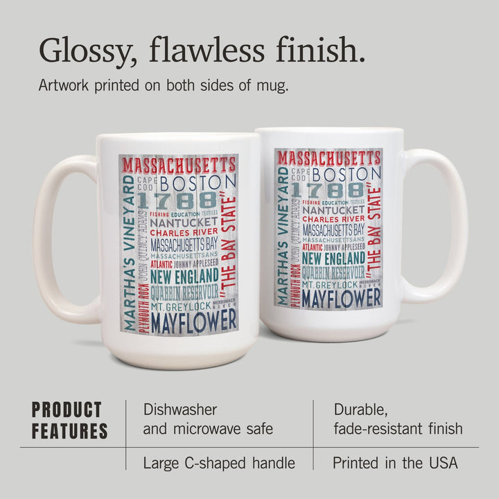 Massachusetts, Rustic Typography, Lantern Press Artwork, Ceramic Mug - Lantern Press