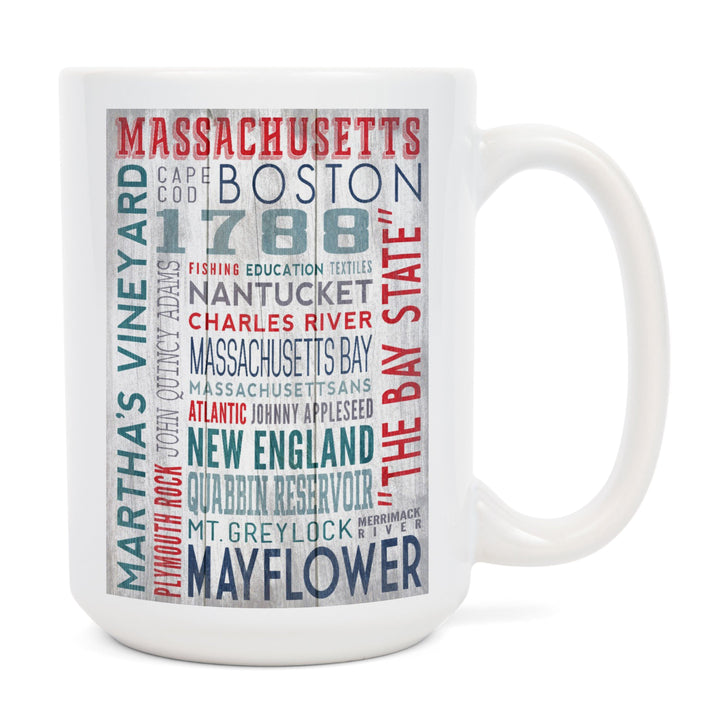 Massachusetts, Rustic Typography, Lantern Press Artwork, Ceramic Mug - Lantern Press