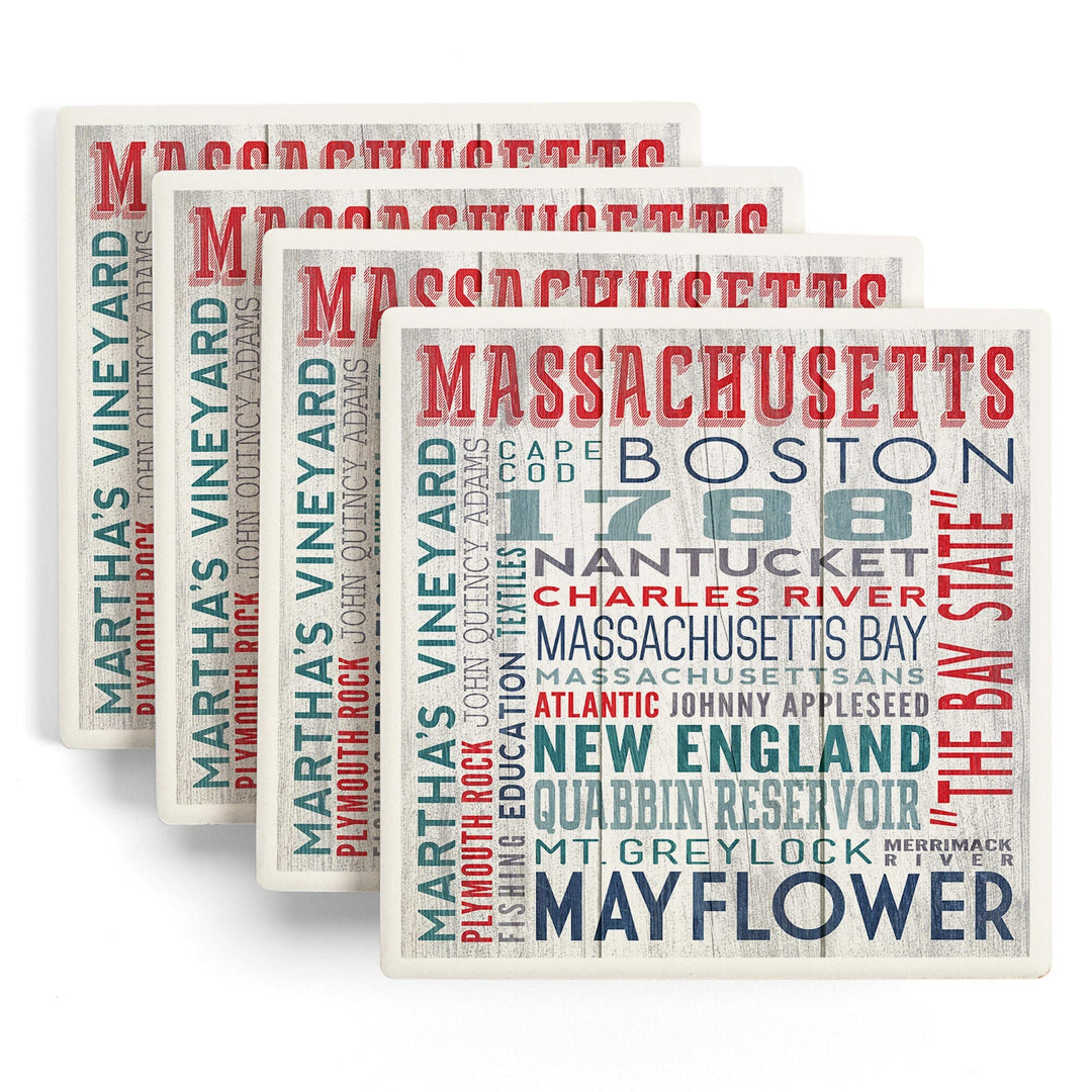 Massachusetts, Rustic Typography, Lantern Press Artwork, Coaster Set - Lantern Press