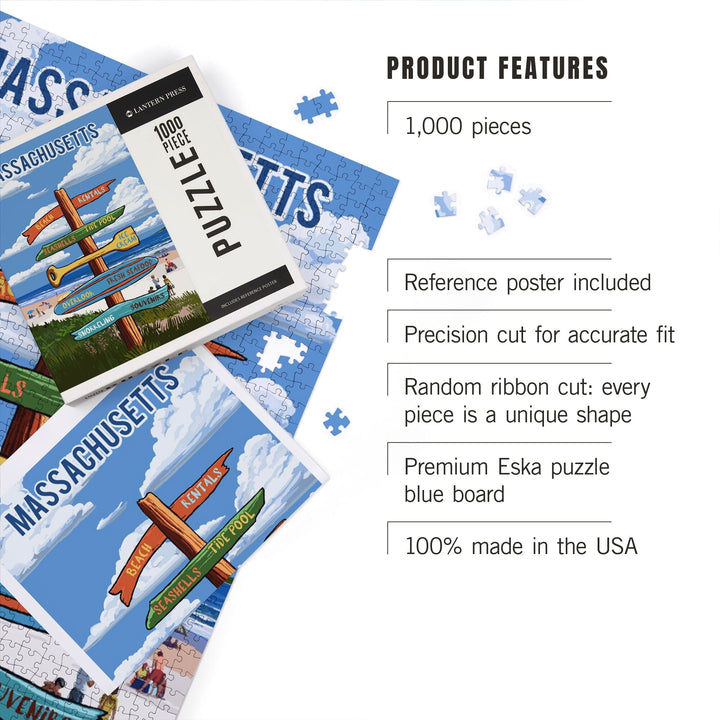 Massachusetts, Signpost, Coast Beach with Umbrellas, Jigsaw Puzzle Puzzle Lantern Press 