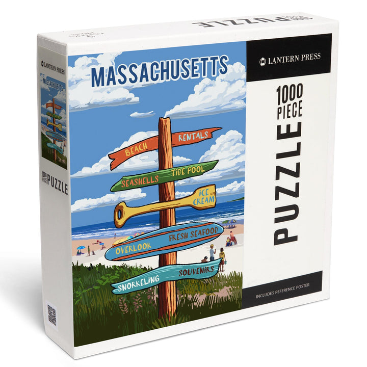 Massachusetts, Signpost, Coast Beach with Umbrellas, Jigsaw Puzzle Puzzle Lantern Press 