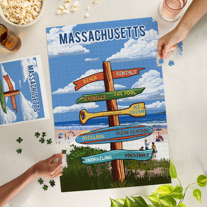 Massachusetts, Signpost, Coast Beach with Umbrellas, Jigsaw Puzzle Puzzle Lantern Press 