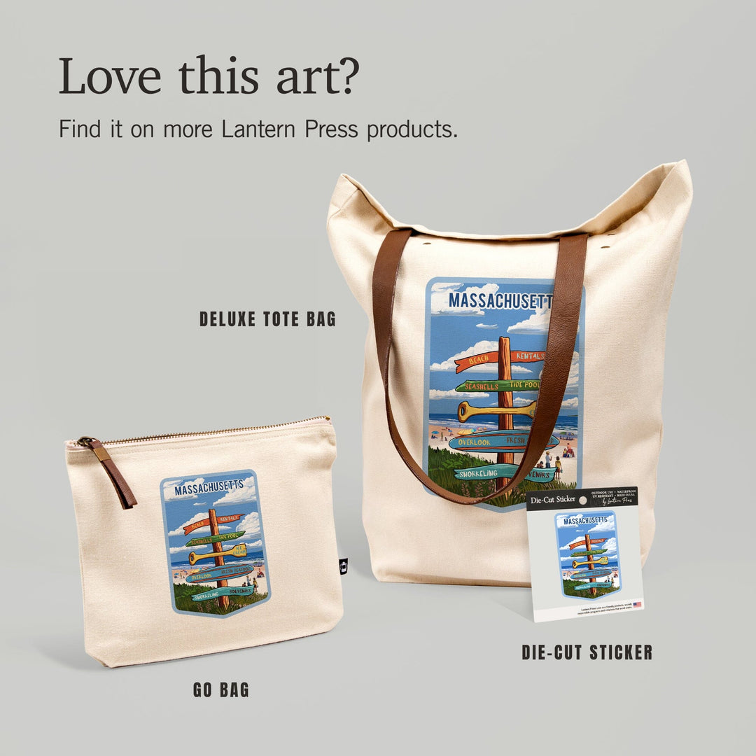 Massachusetts, Signpost, Coast Beach with Umbrellas,, Organic Cotton Zipper Pouch, Go Bag Totes Lantern Press 