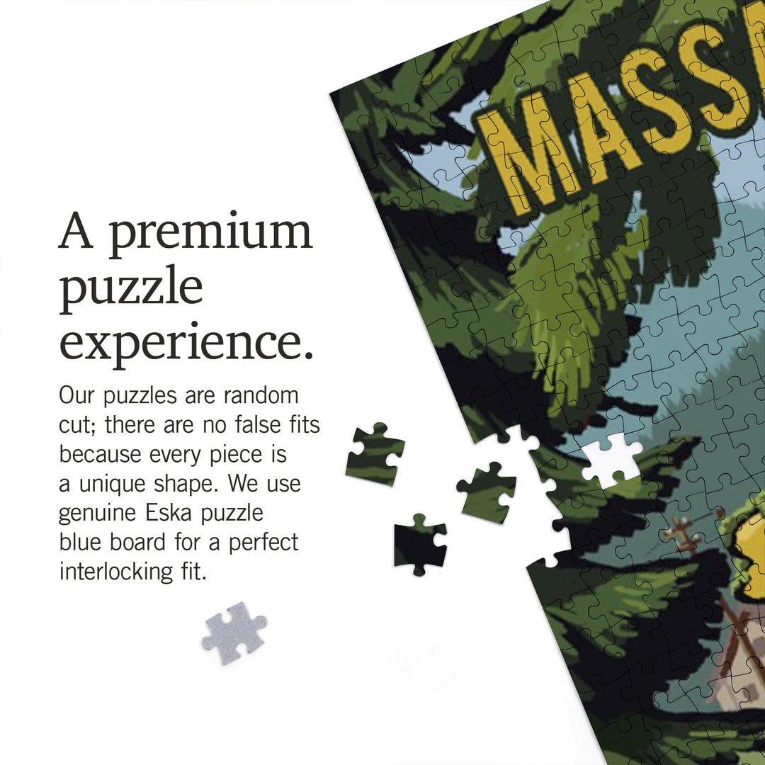 Massachusetts, Signpost, Forest and Camp, Jigsaw Puzzle Puzzle Lantern Press 