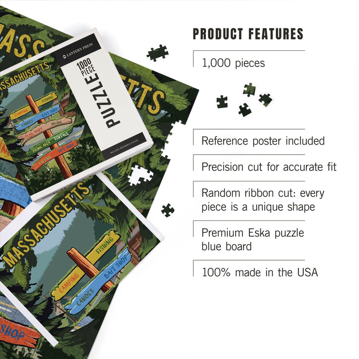 Massachusetts, Signpost, Forest and Camp, Jigsaw Puzzle Puzzle Lantern Press 