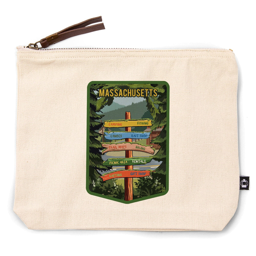Massachusetts, Signpost, Forest and Camp, Organic Cotton Zipper Pouch, Go Bag Totes Lantern Press 