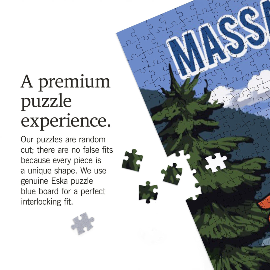 Massachusetts, Signpost, Lake and Bear, Jigsaw Puzzle Puzzle Lantern Press 