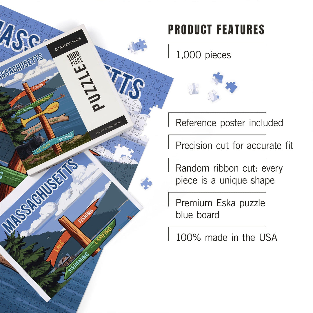 Massachusetts, Signpost, Lake and Bear, Jigsaw Puzzle Puzzle Lantern Press 