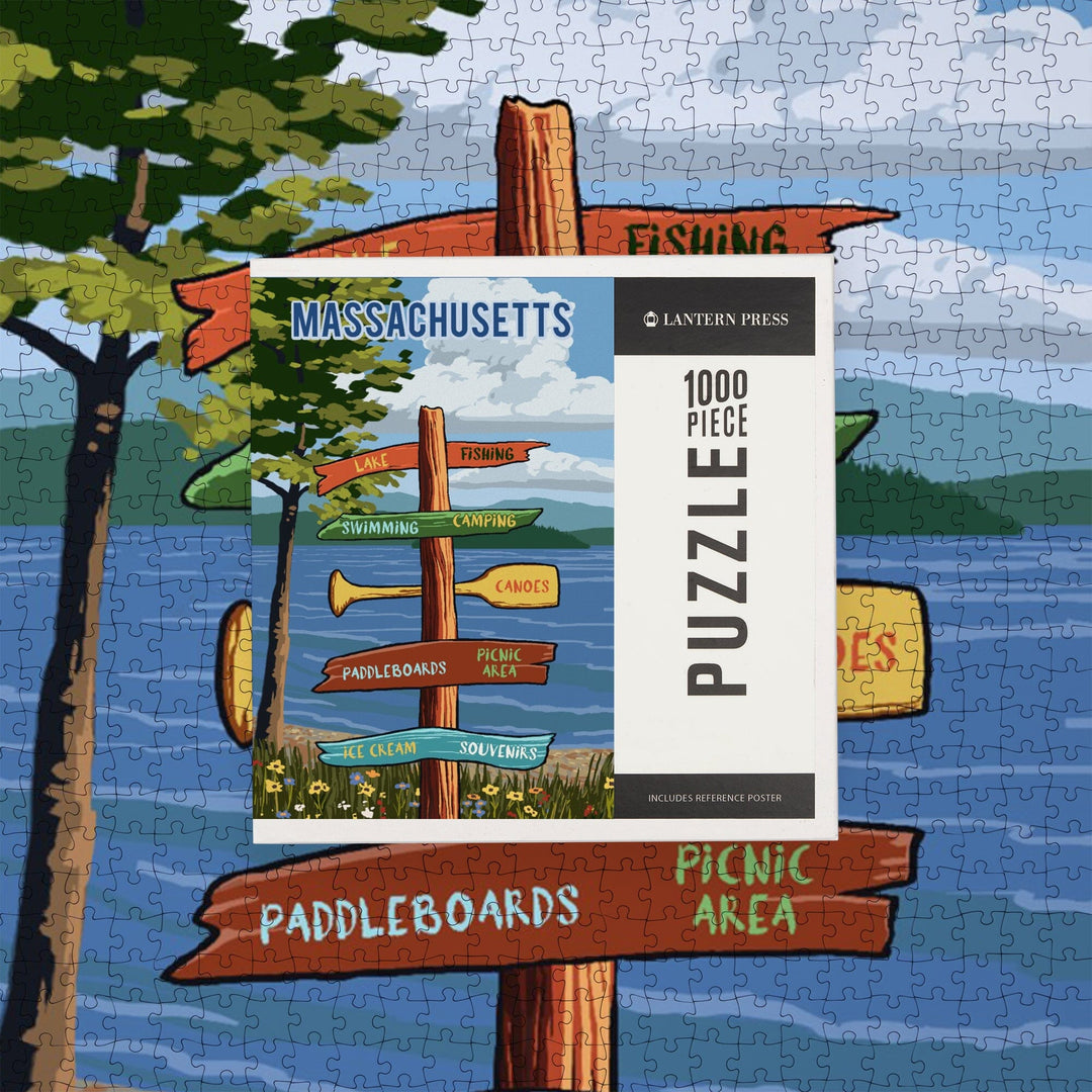 Massachusetts, Signpost, Lake and Flowers, Jigsaw Puzzle Puzzle Lantern Press 