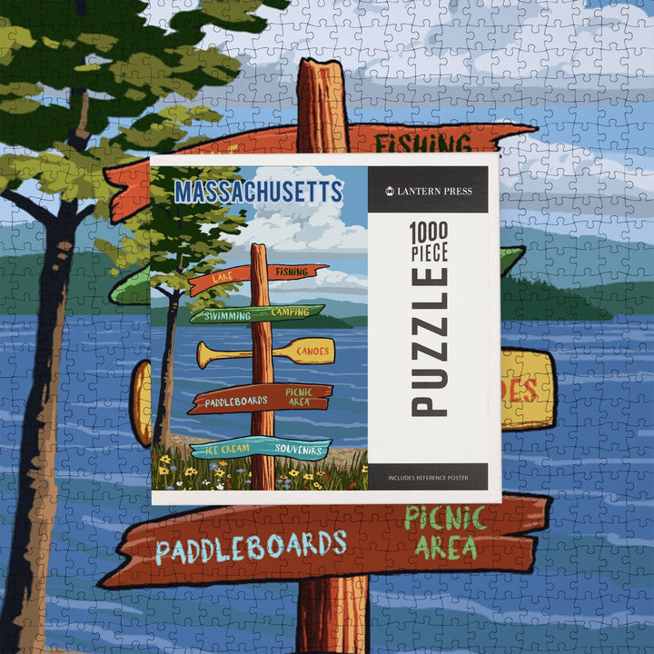 Massachusetts, Signpost, Lake and Flowers, Jigsaw Puzzle Puzzle Lantern Press 