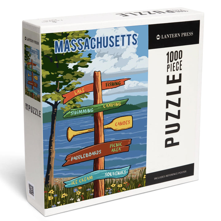 Massachusetts, Signpost, Lake and Flowers, Jigsaw Puzzle Puzzle Lantern Press 