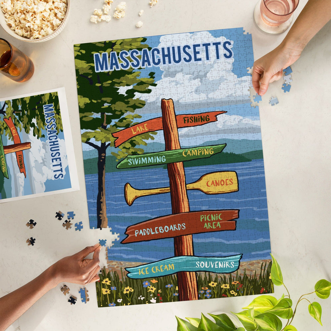 Massachusetts, Signpost, Lake and Flowers, Jigsaw Puzzle Puzzle Lantern Press 