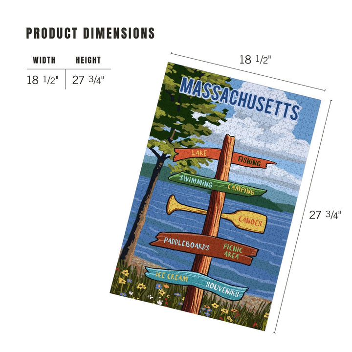 Massachusetts, Signpost, Lake and Flowers, Jigsaw Puzzle Puzzle Lantern Press 