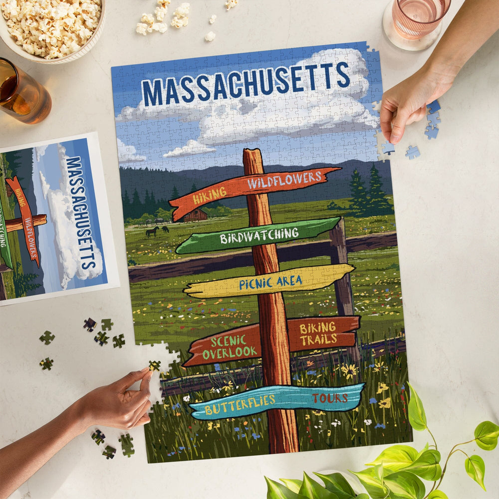 Massachusetts, Signpost, Meadow, Jigsaw Puzzle Puzzle Lantern Press 