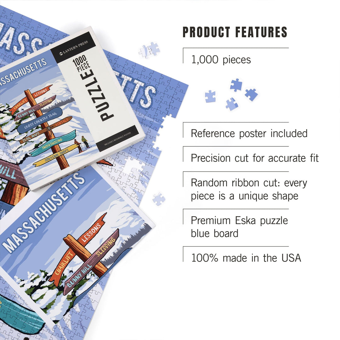 Massachusetts, Signpost, Ski and Snow, Jigsaw Puzzle Puzzle Lantern Press 