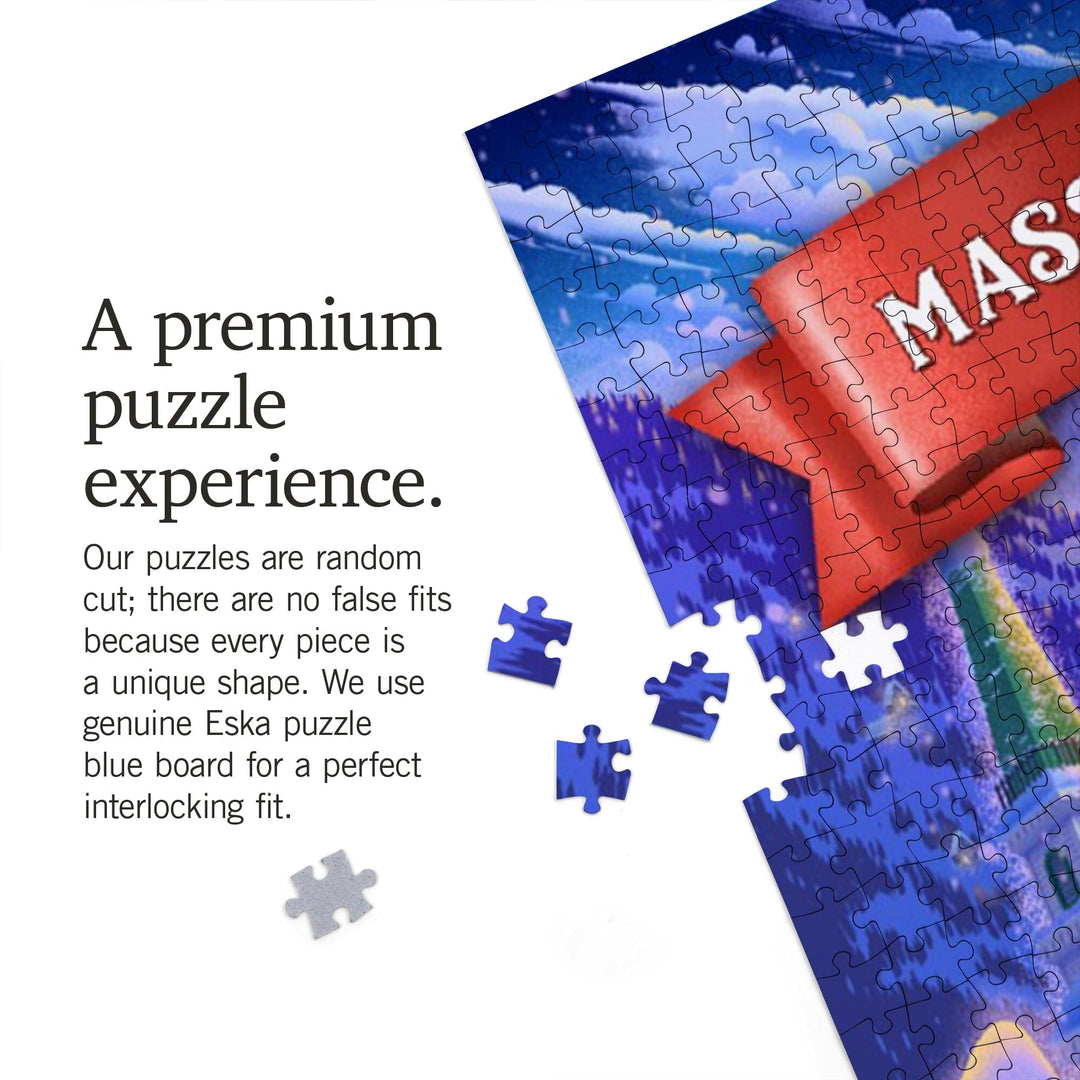 Massachusetts, Sleepy Winter Village, Jigsaw Puzzle Puzzle Lantern Press 