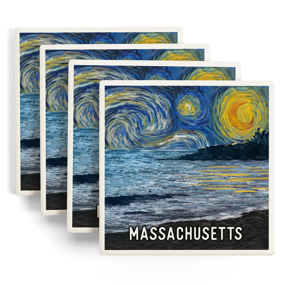 Massachusetts, Starry Night, Coastline, Coasters Coasters Lantern Press 