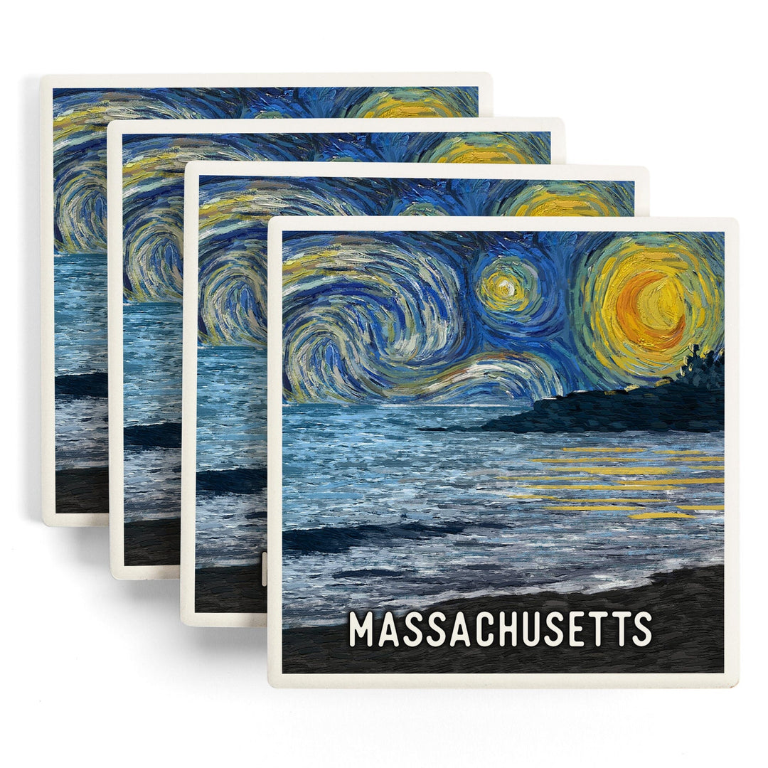 Massachusetts, Starry Night, Coastline, Coasters Coasters Lantern Press 