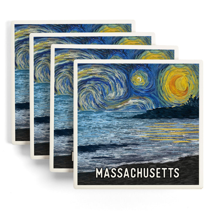 Massachusetts, Starry Night, Coastline, Coasters Coasters Lantern Press 